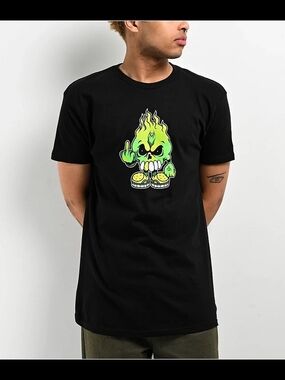 Zumiez Black Tee with Neon Green Flame Skull Graphic and Yellow Accents
